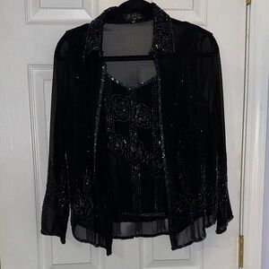 J Kara Black and Silver Beaded Blouse AND TANK TOP (2Pc set) (Size: PM)